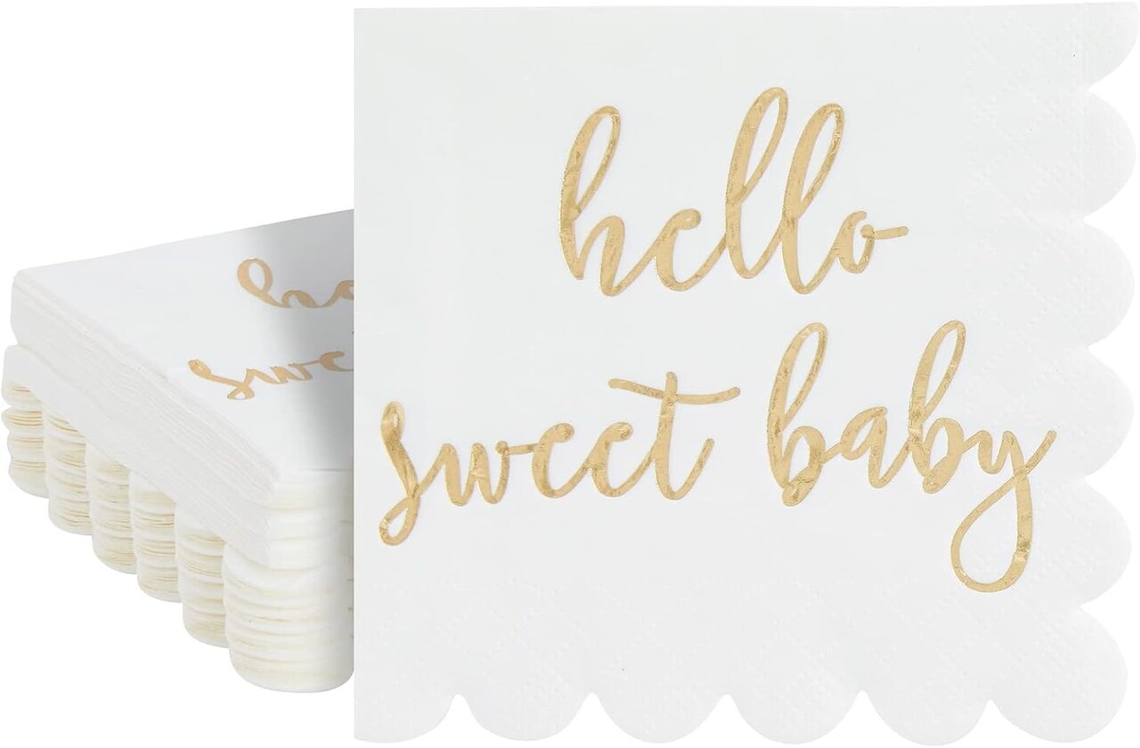 50 Pack White Scalloped Baby Shower Napkins for Girls and Boys, Gold Foil Hello Sweet Baby Decorations (5 x 5 In Scalloped Napkins)